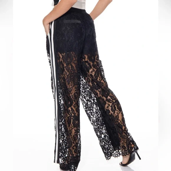 216. Women’s Black Lace Track Pants - Picture 2 of 2